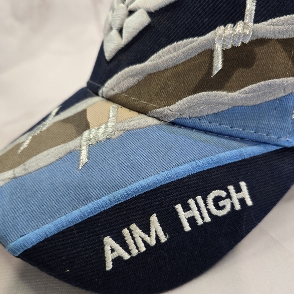 US Air Force Hat Mens Blue Adjustable Strapback Cap Aim High Barbed Wire Stripe - Picture 10 of 10